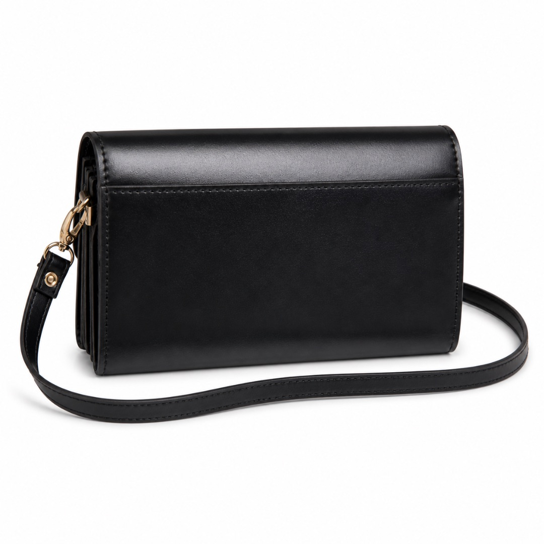 Black Sleek Flap Crossbody Clutch  with  Metal Bar Detail
