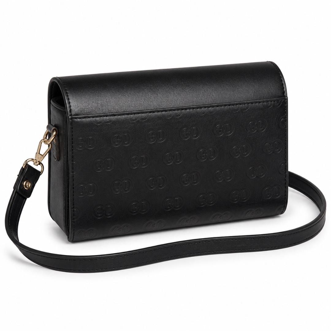 Black Statement Flap Crossbody Clutch  with  Circular Metal Accent