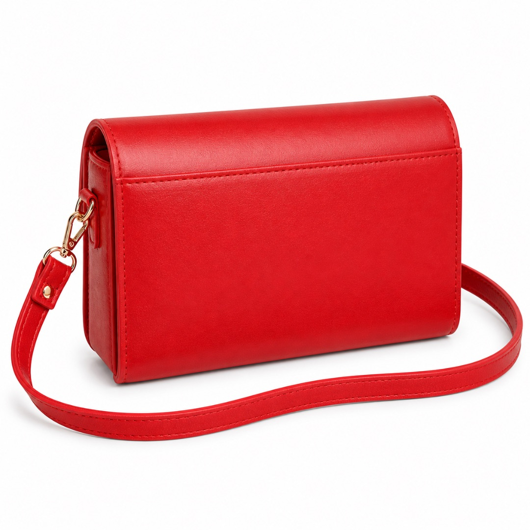 Red Sleek Flap Crossbody Clutch  with  Metal Bar Detail