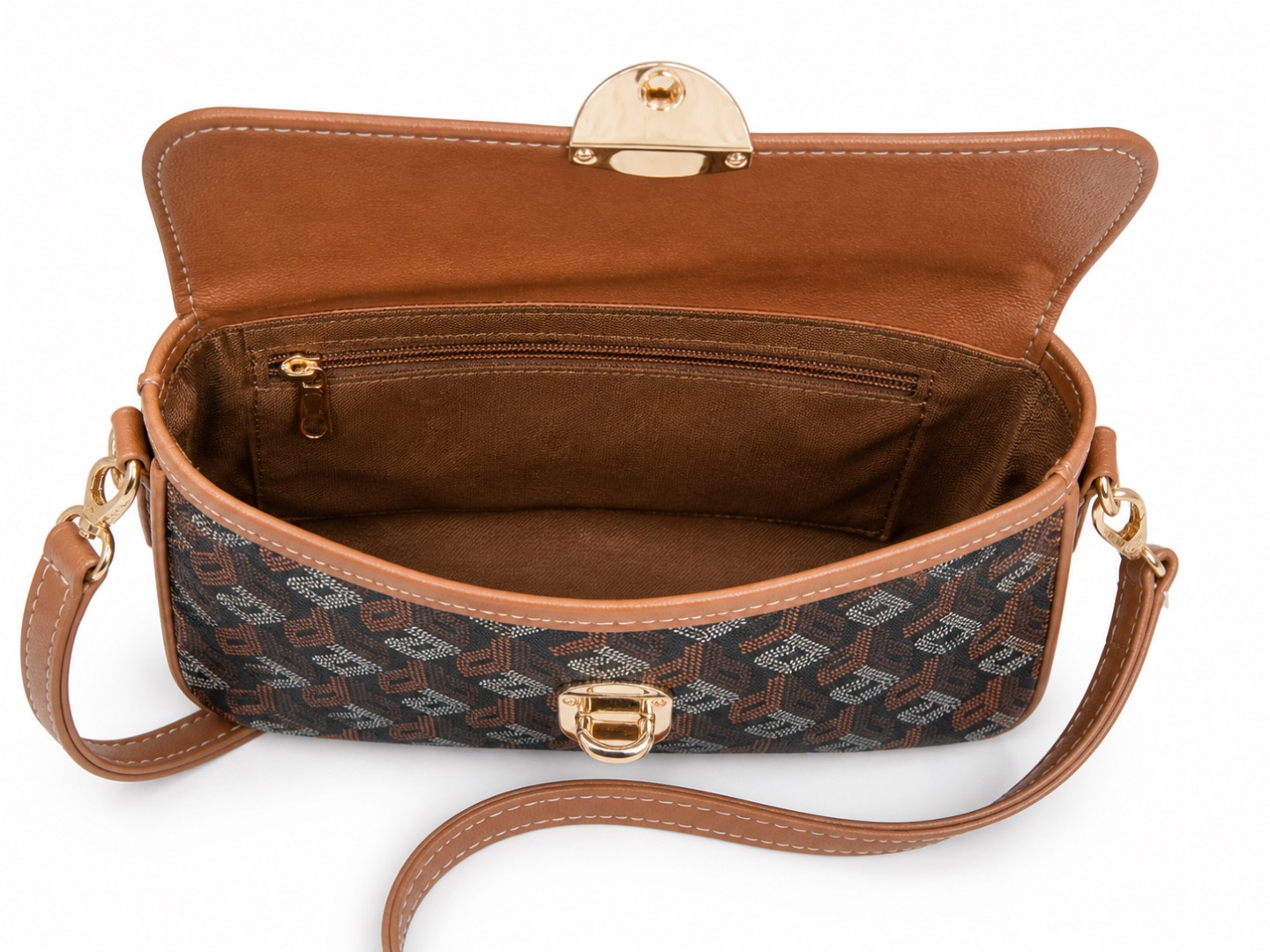 Brown Patterned Flap Crossbody Clutch  with  Gold Lock Detail