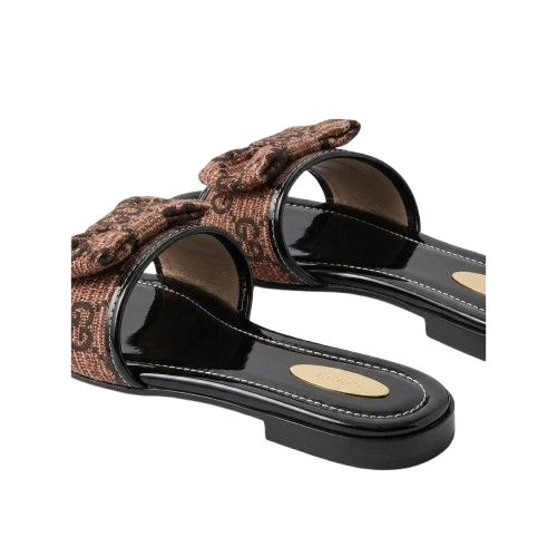 Womens Brown Pattern Open Toe Flat Slide Sandals