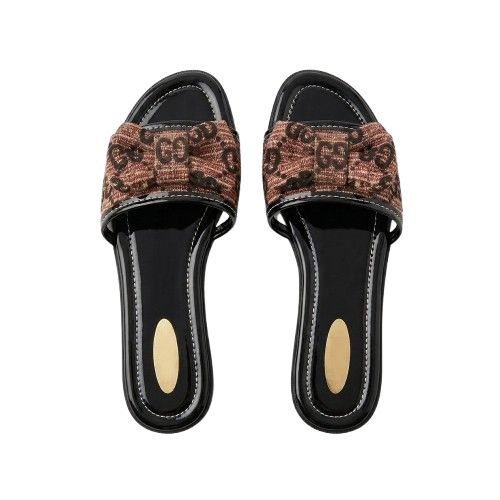 Womens Brown Pattern Open Toe Flat Slide Sandals