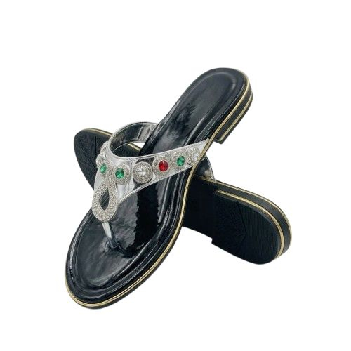 Jeweled Silver Thong Sandal with Glossy Footbed