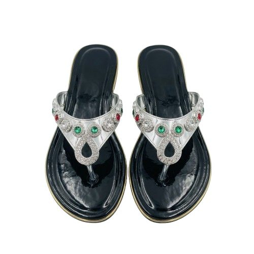 Jeweled Silver Thong Sandal with Glossy Footbed