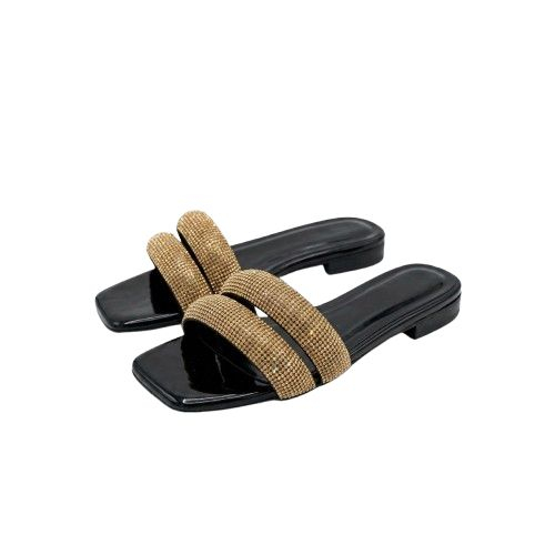 Womens Gold Heeled Slippers with Rhinestone Straps