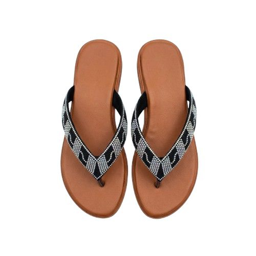 Womens Black Rhinestone Toe Post Flat Sandals