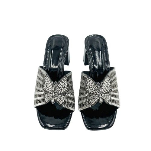 Womens Black Rhinestone Bow Block Heel Slide Sandals