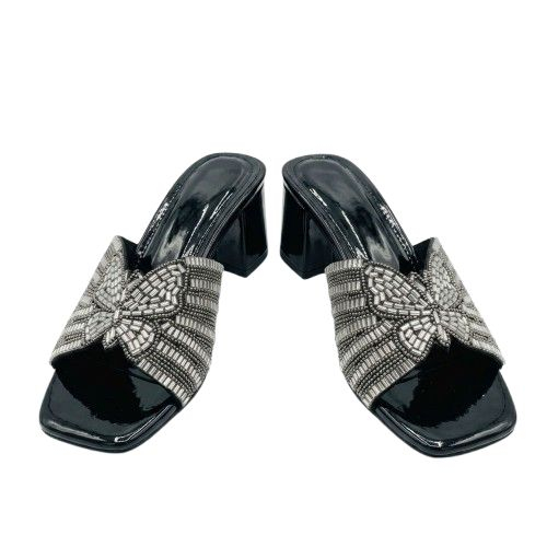 Womens Black Rhinestone Bow Block Heel Slide Sandals