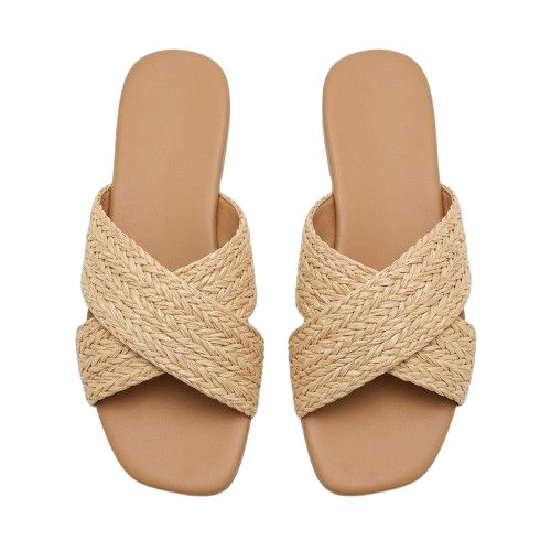 Woven Raffia Criss Cross Slide Sandals