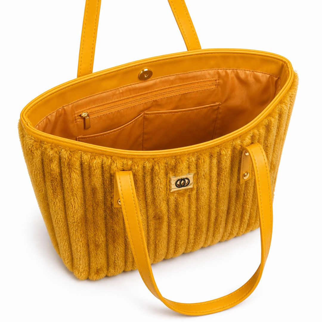 Mustard Plush Textured Handbag  with  Gold Turn Lock