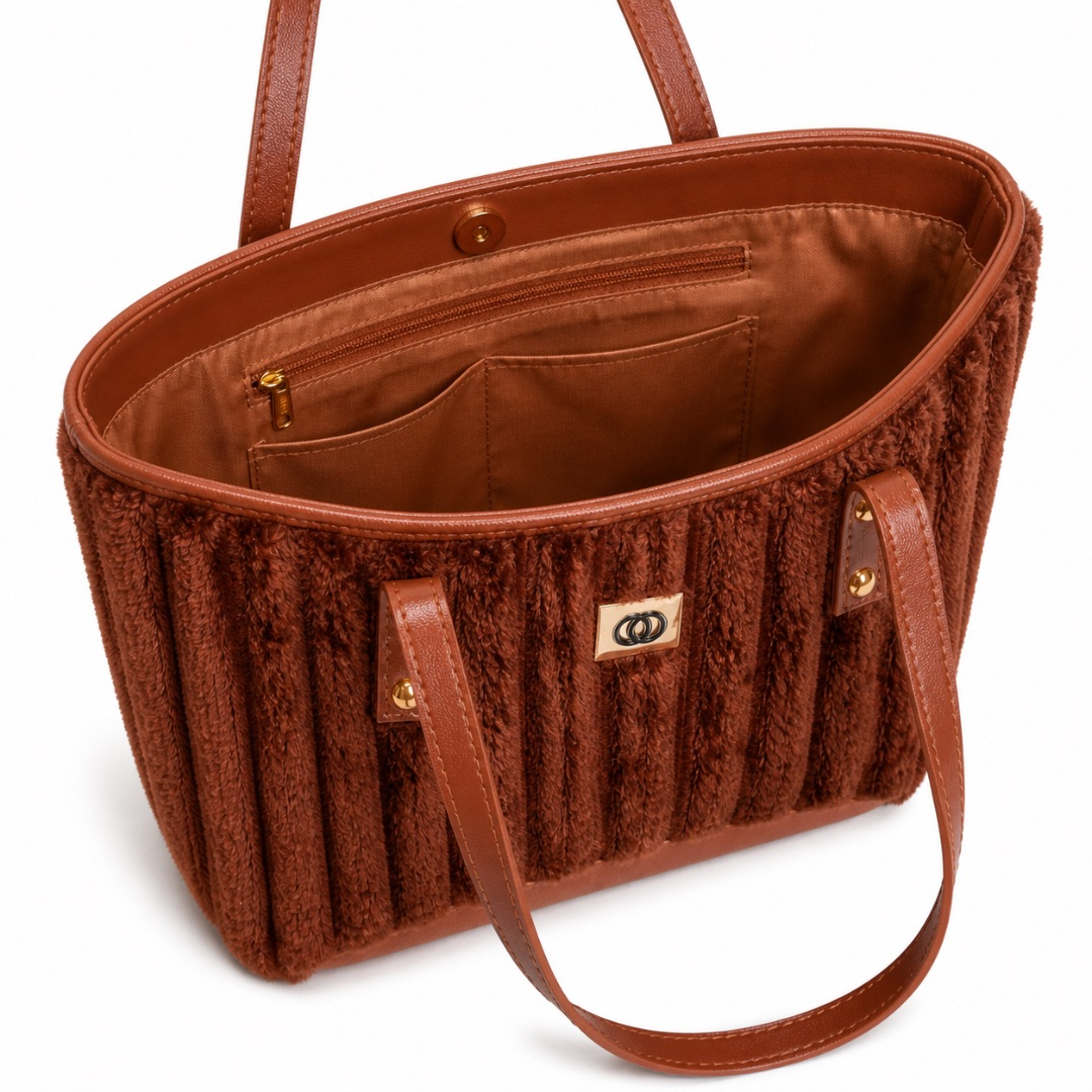 Womens Brown Plush Faux Fur Tote Shoulder Bag