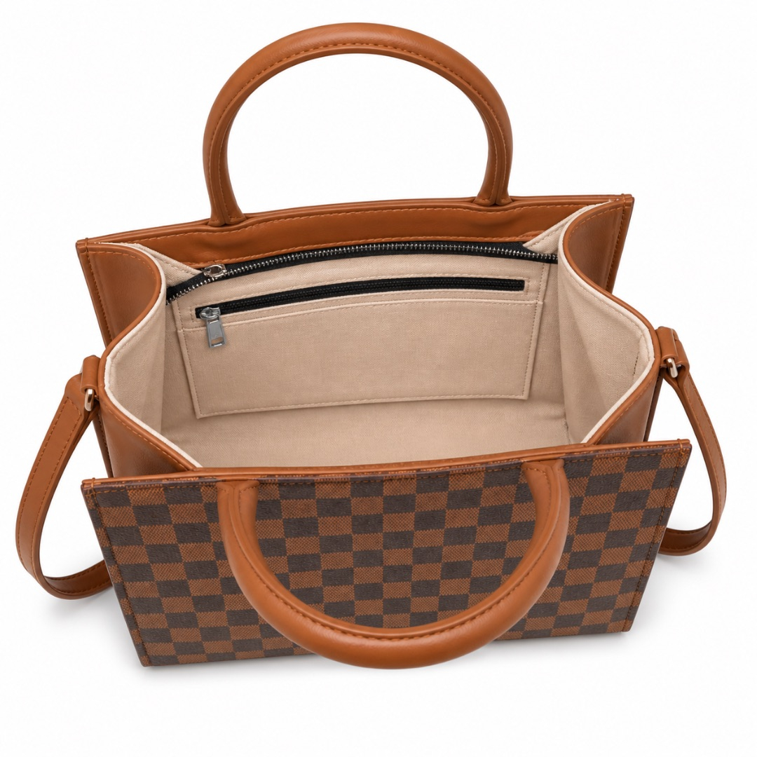 Brown Checkered Structured Handbag with Gold Accent