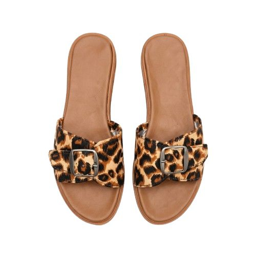 Womens Leopard Print Buckle Slide Sandals