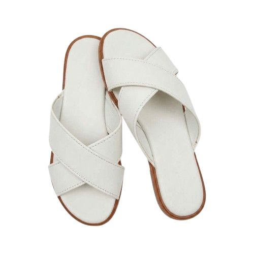 Womens Embossed Faux Leather Cross Strap Slide Sandals