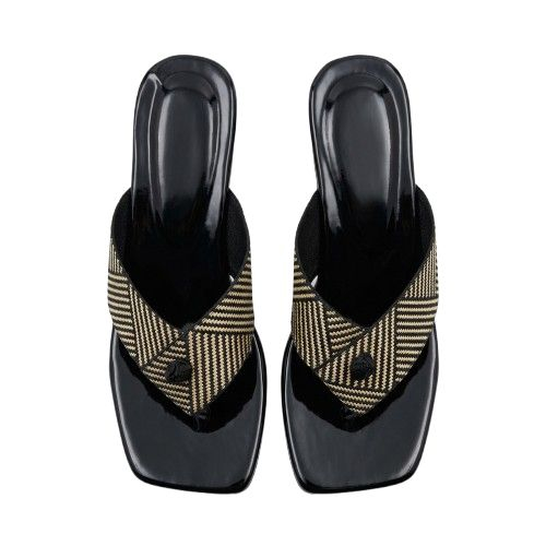 Womens Geometric Woven Strap Thong Sandals with Glossy Footbed