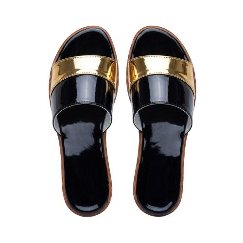 Womens Two Tone Glossy Slide Sandals with Metallic Accent