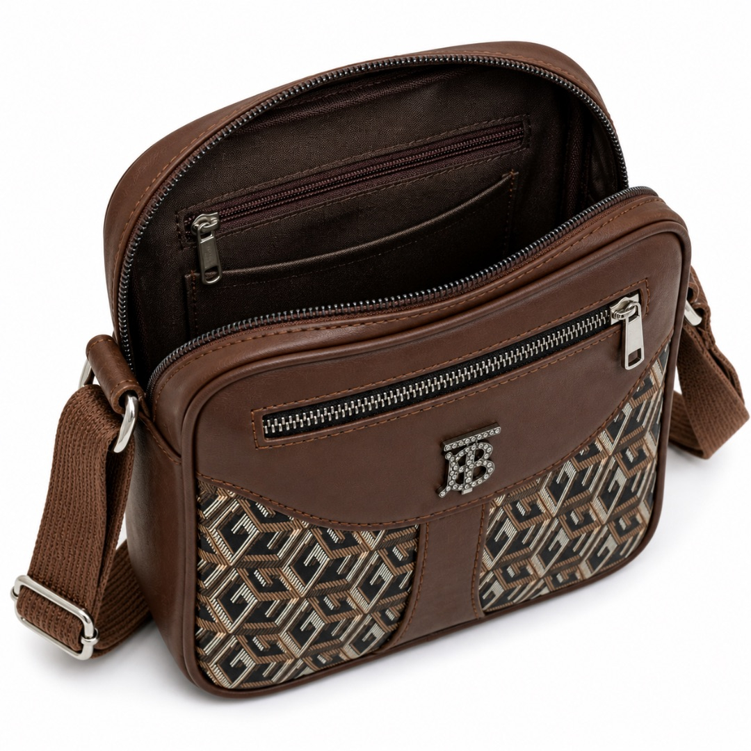 Brown Geometric Pattern Crossbody Bag with Front Zip Detail