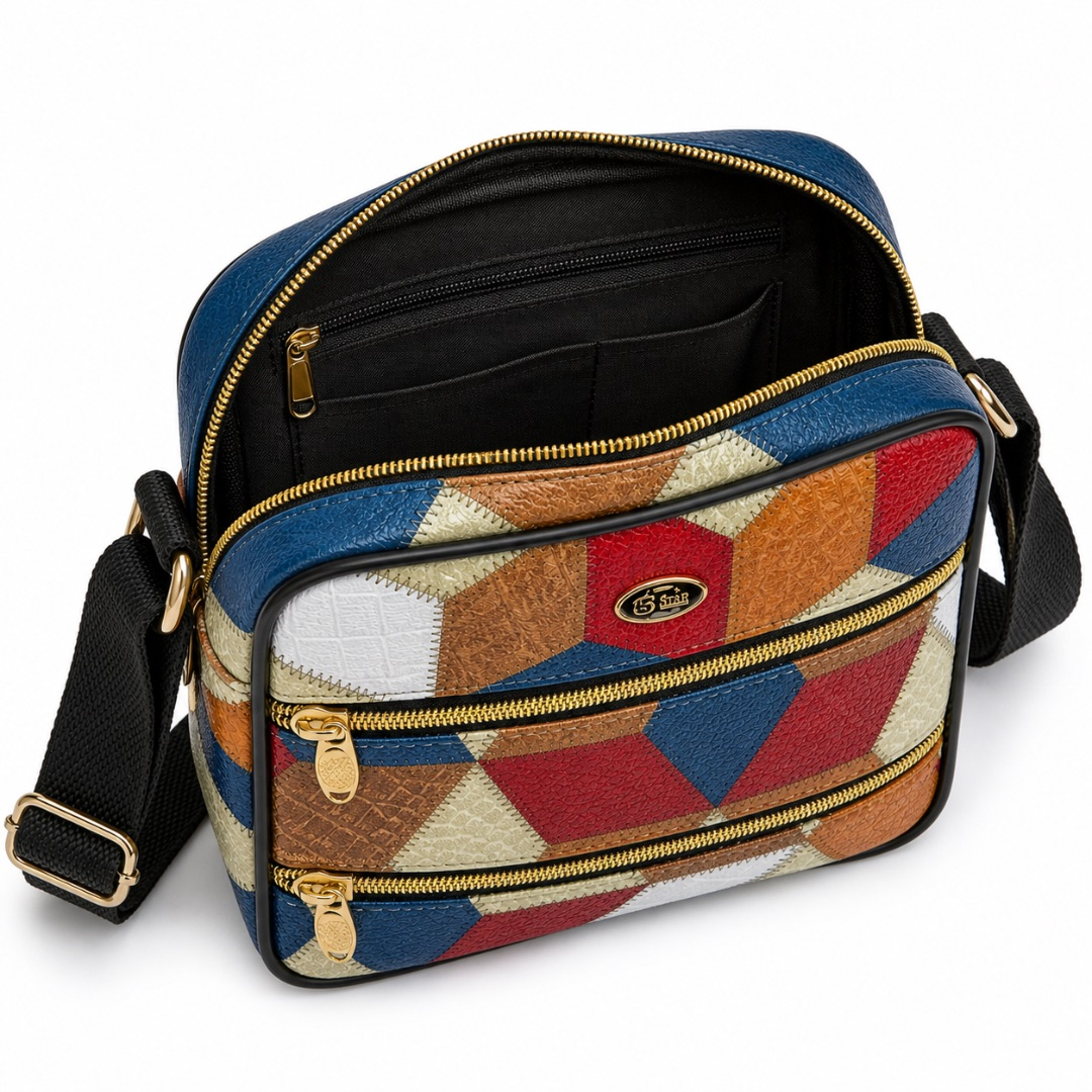 Multicolor Patchwork Crossbody Bag with Dual Zip Pockets