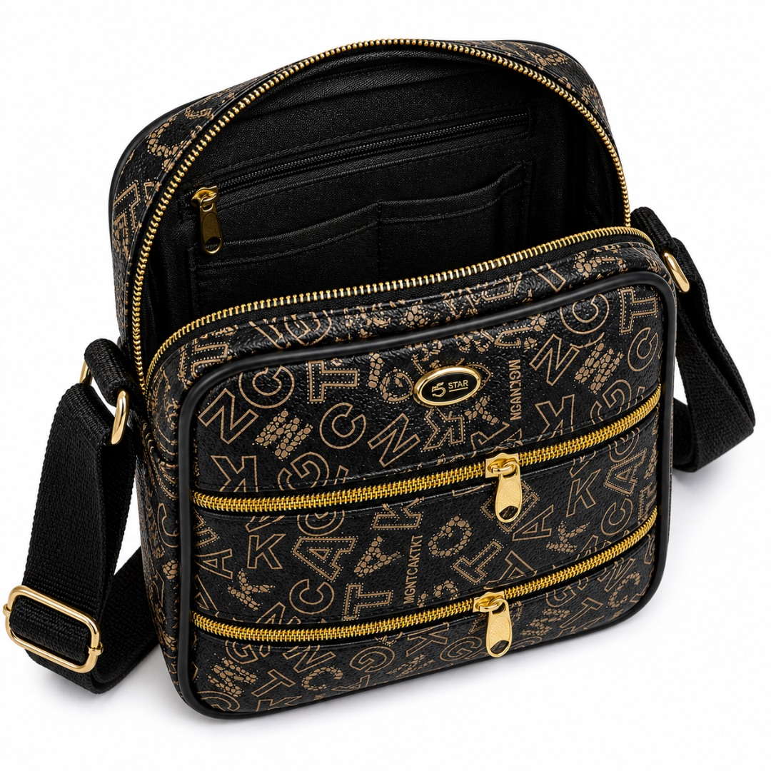 Black Monogram Crossbody Bag with Dual Gold Zip Pockets