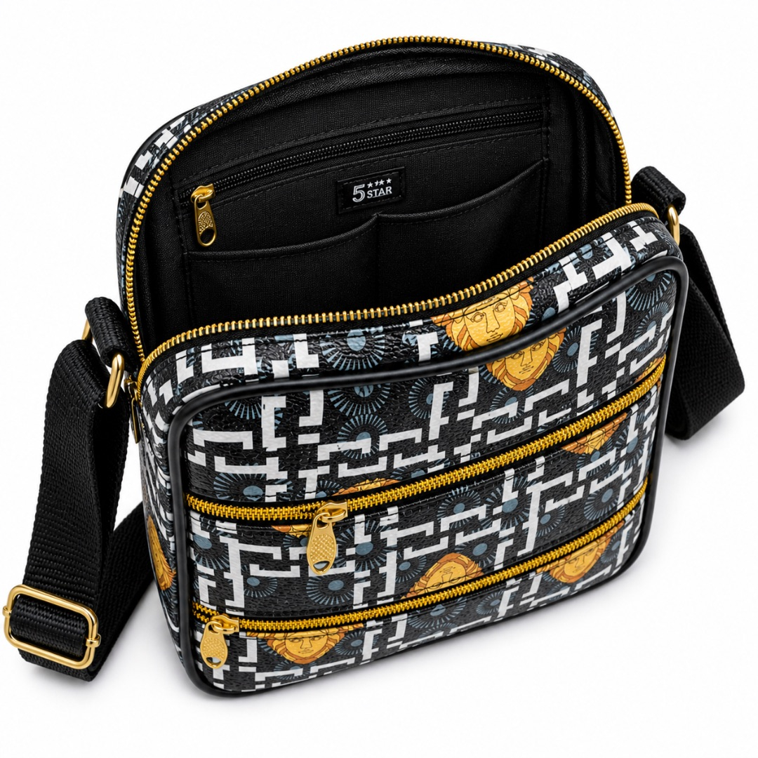 Black Patterned Crossbody Bag with  Dual Gold Zip Pockets