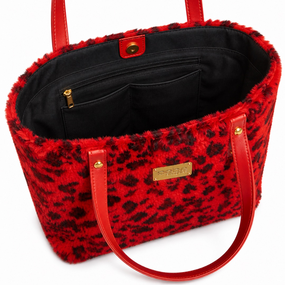 Red Leopard Plush Handbag with Glossy Handles