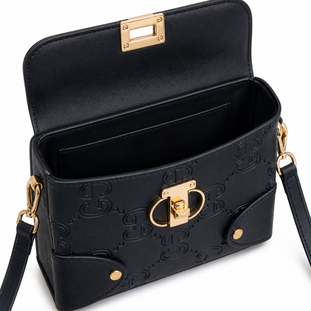 Black Mini Structured Handbag  with  Gold Lock Detail