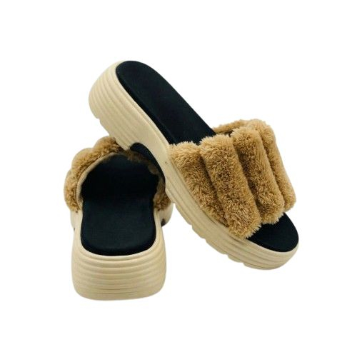 Womens FurLined Platform Slippers Beige