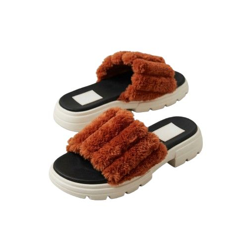 Textured Faux Fur Platform Slide Sandals