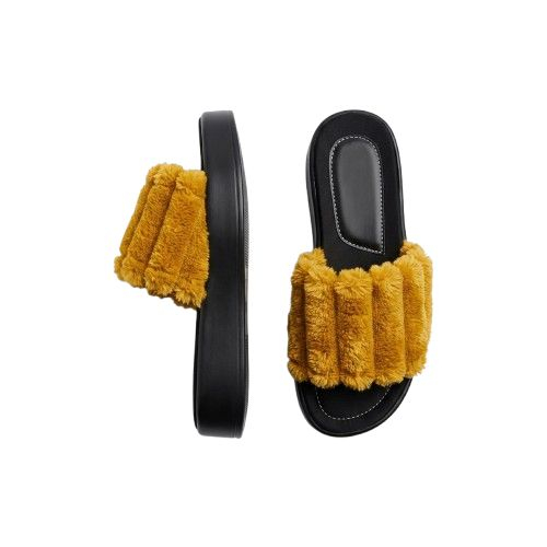 Textured Faux Fur Mustard Platform Slides