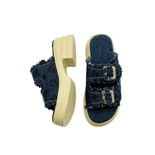 Monogram Patterned Denim Platform Slide Sandals