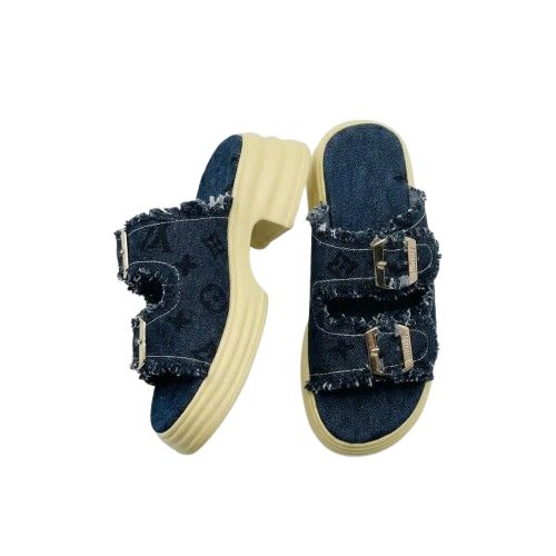 Monogram Patterned Denim Platform Slide Sandals