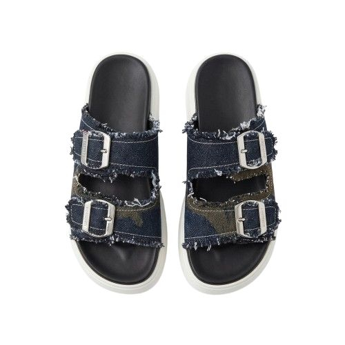 Frayed Black Canvas Platform Slide Sandals