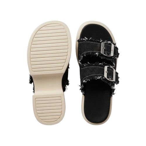 Frayed Black Canvas Platform Slide Sandals