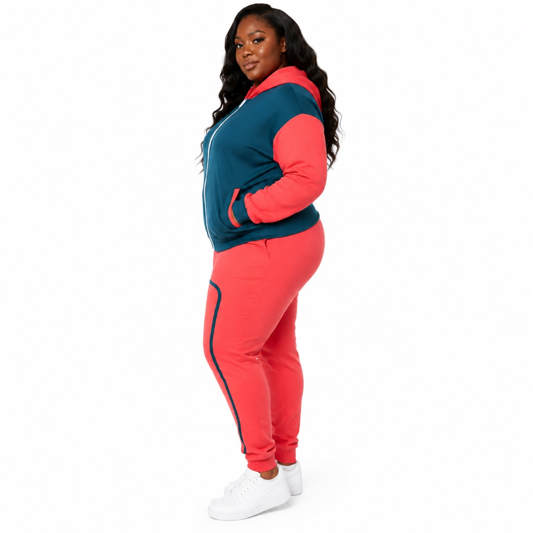 Womens Colorblock Hooded Tracksuit Set with Sleeveless Zip Vest