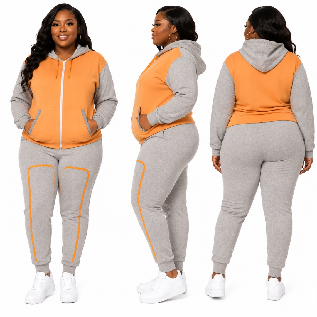 Womens Orange and Grey Hooded Tracksuit Set with Zip Jacket