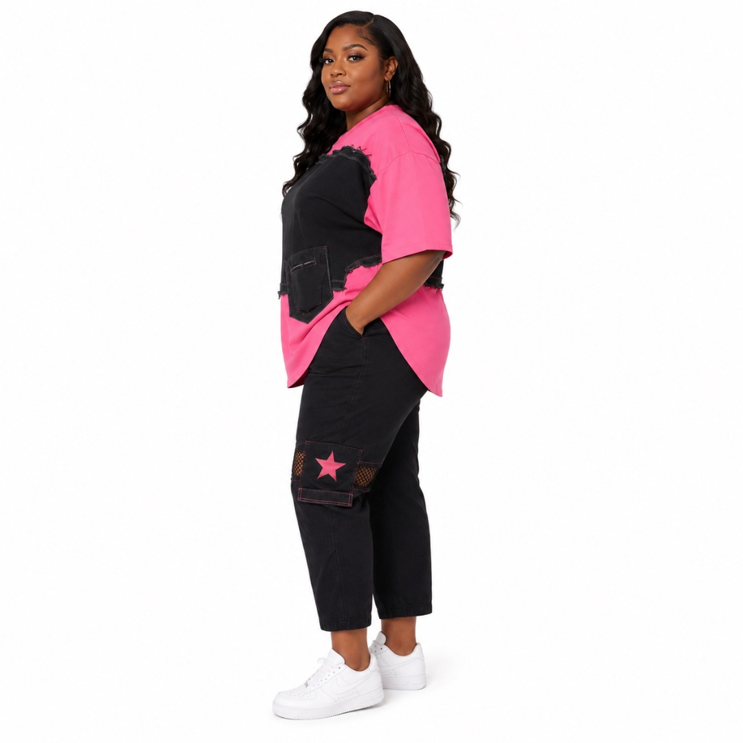 Womens Pink and Black Two Piece Cargo Lounge Set