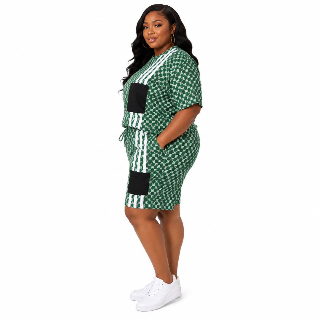 Womens Green Printed Two Piece Shorts Set with Pocket Detail
