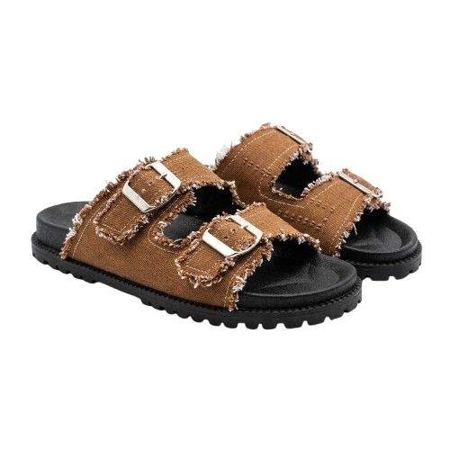 Frayed Tan Canvas Double Buckle Slide Sandals