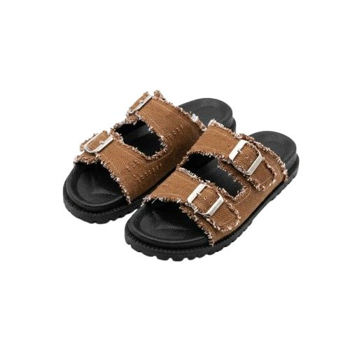 Frayed Tan Canvas Double Buckle Slide Sandals