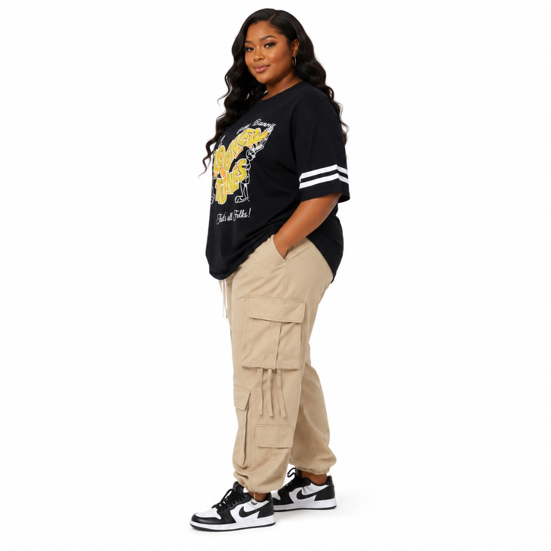 Womens Graphic Oversized T Shirt and Beige Cargo Jogger Set