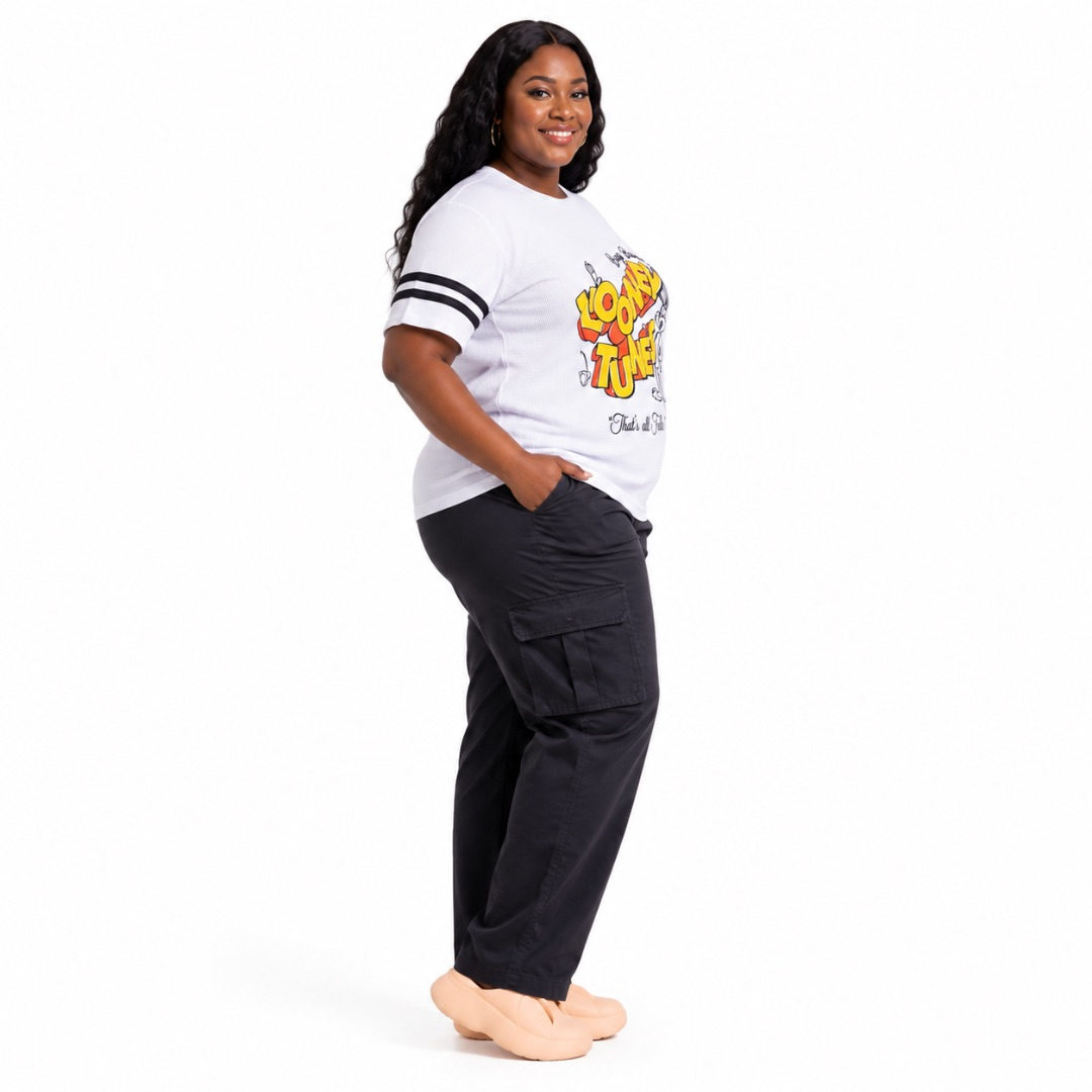 Womens White Graphic T Shirt and Black Cargo Pants Set