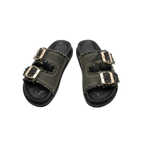 Frayed Camouflage Canvas Double Buckle Slide Sandals