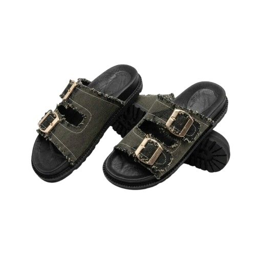 Frayed Camouflage Canvas Double Buckle Slide Sandals
