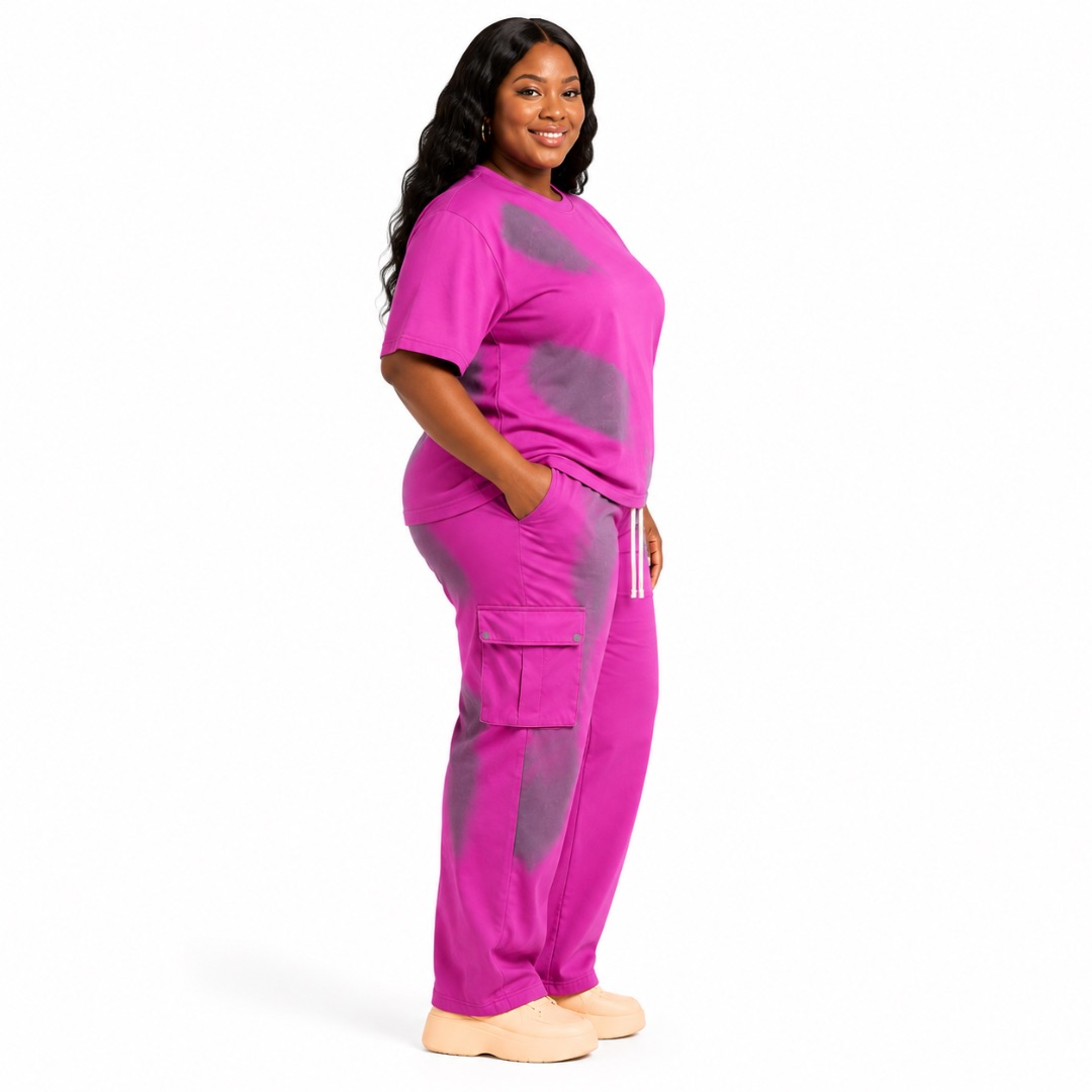 Womens Pink and Charcoal Two Piece Lounge Set with Shirt and Cargo Trousers