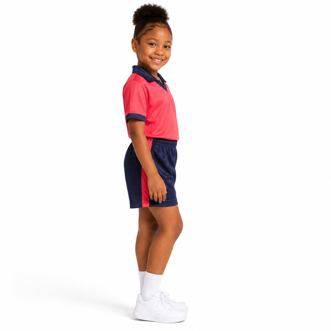 Kids Pink and Navy Sports Uniform Set with Polo Shirt and Shorts