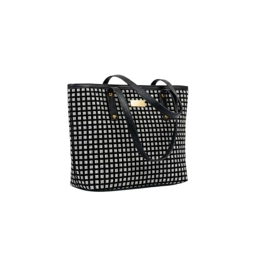 Black and White Structured Tote Bag with Leather Straps
