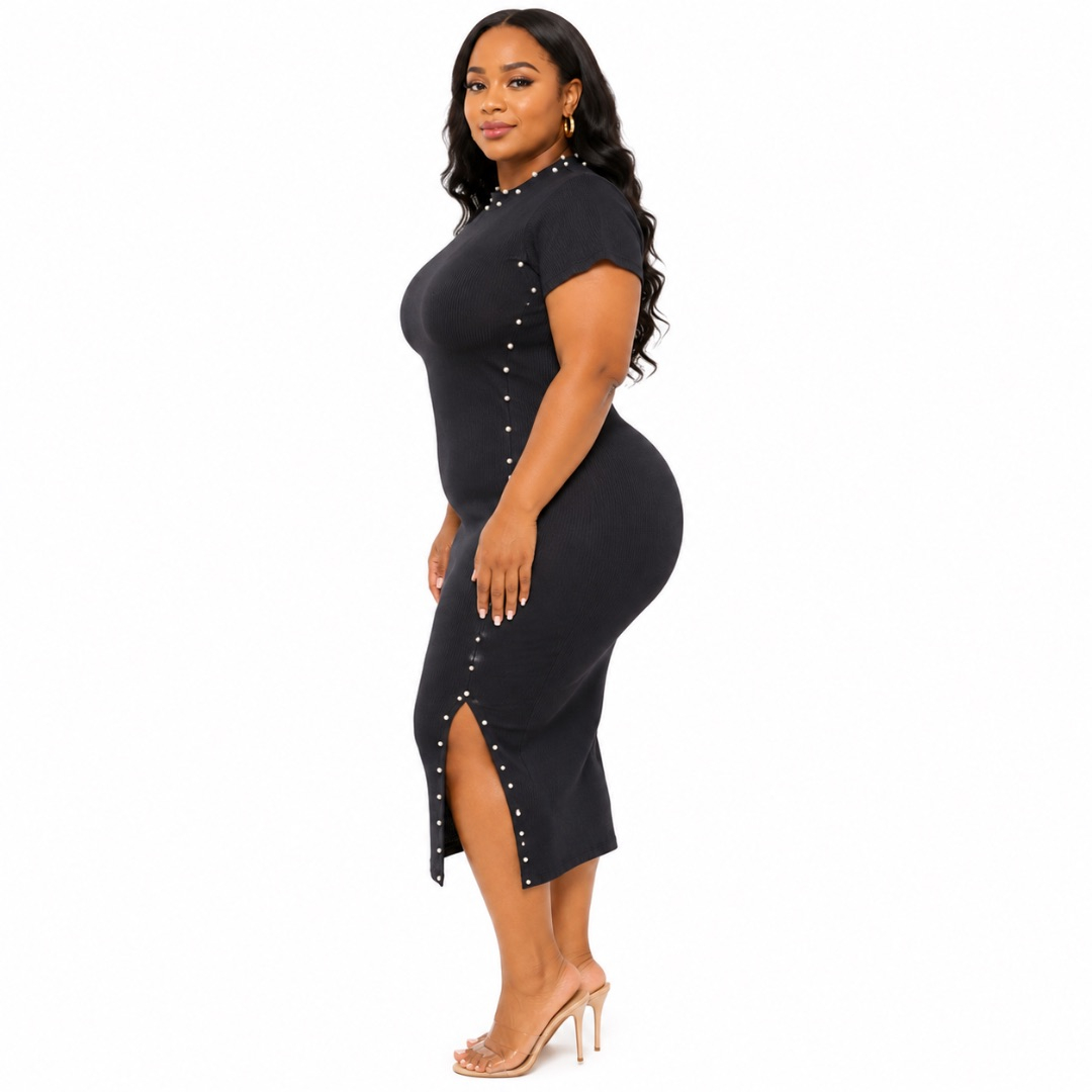 Womens Black Ribbed Midi Bodycon Dress   with Pearl Stud Detail