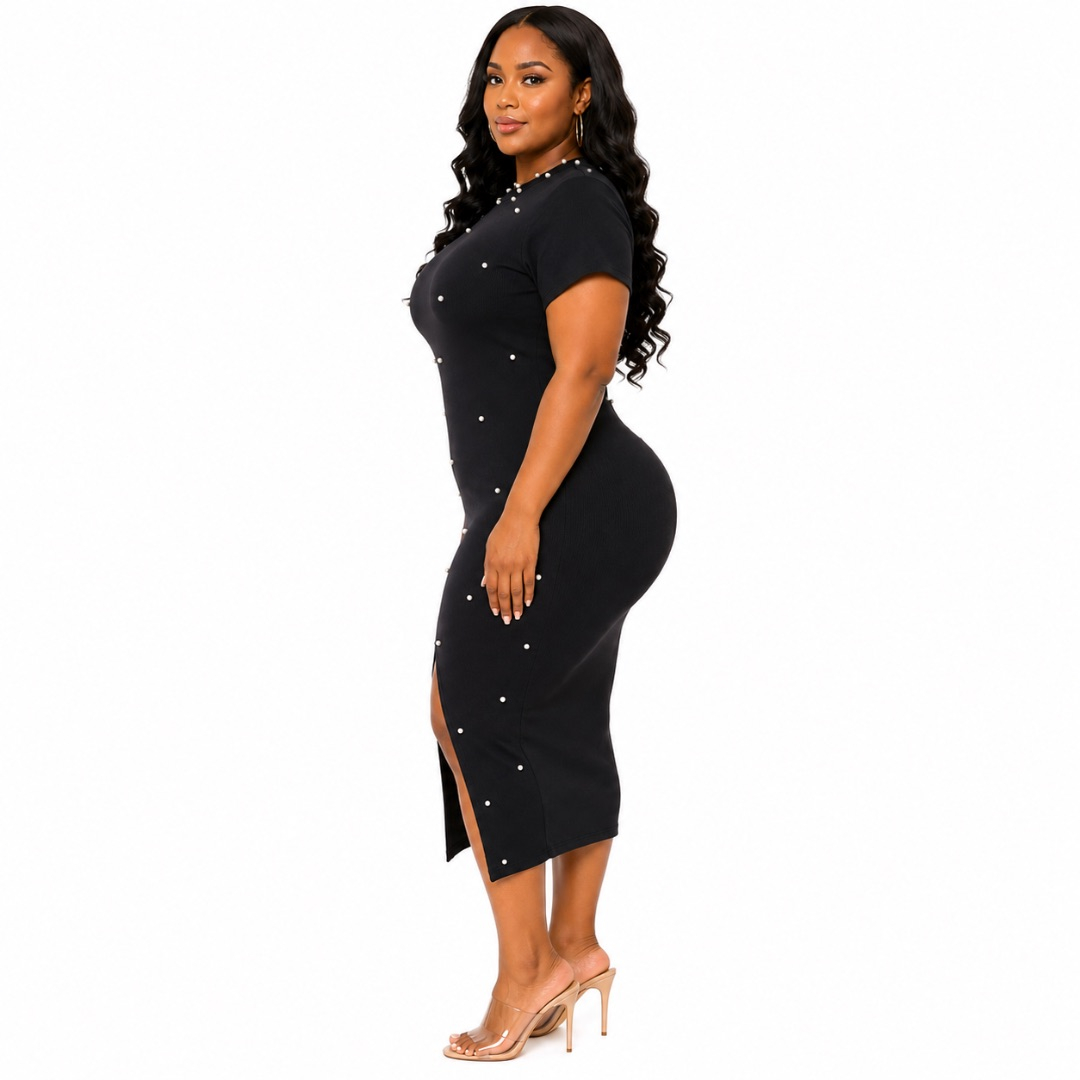 Womens Black Pearl Stud Midi Bodycon Dress  with Front Slit