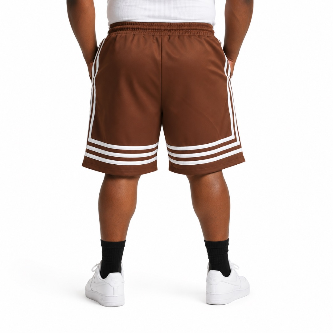 Brown Athletic Drawstring Shorts  with Triple Side Stripes
