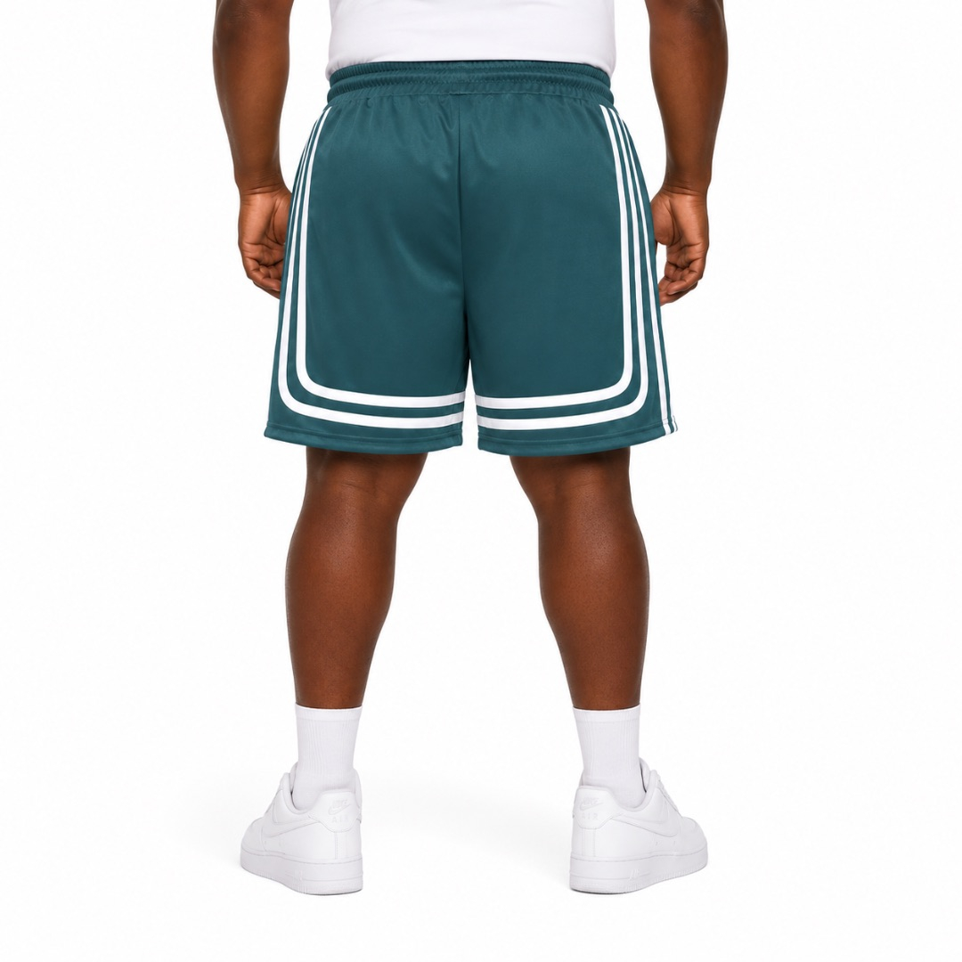 Dark Green Athletic Shorts with  Curved Triple Stripe Detail